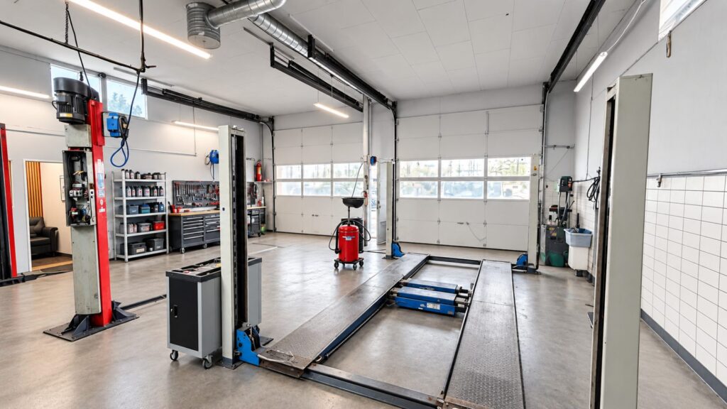 Lift og løftebukke foran værkstedsportene